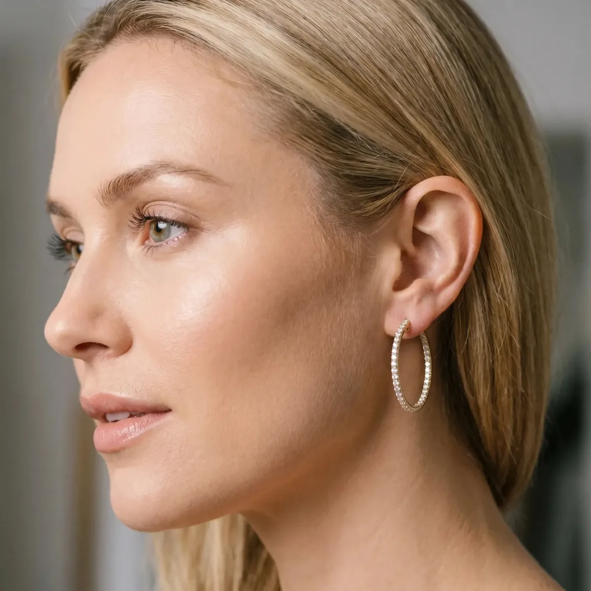 Round Diamond Pave Hoop Earrings with Channel Setting Yellow gold