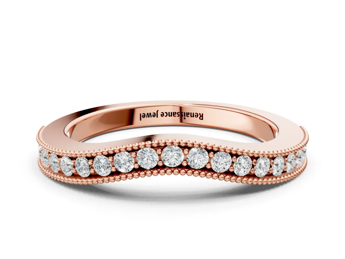 Round Brilliant Milgrain Bezel Set Diamond Wave Band Rose gold