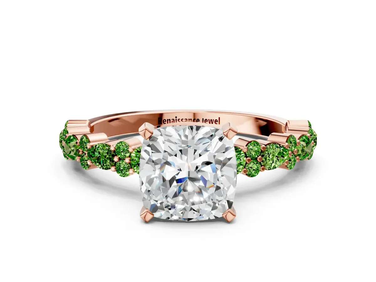 Cushion Cut Diamond Side Stone Solitaire Ring with Round Peridot and Four-Prong Setting Rose gold