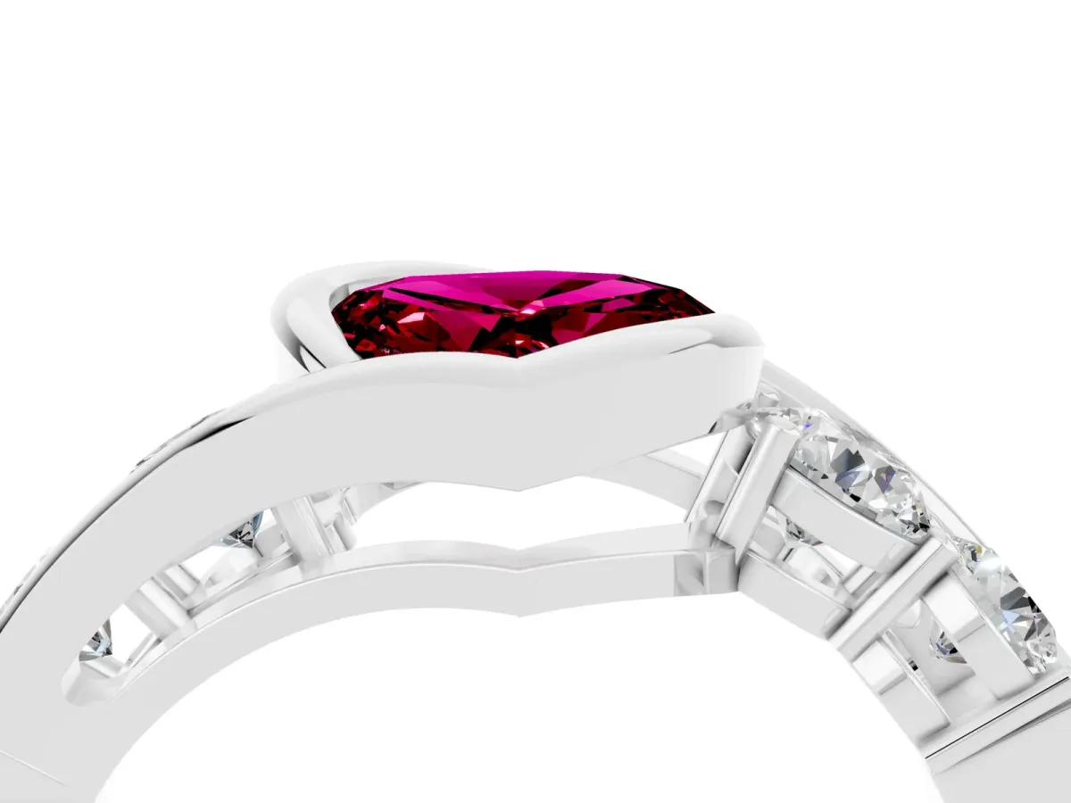 Bezel Set Heart Cut Garnet Bypass Ring with Round Accents Platinum