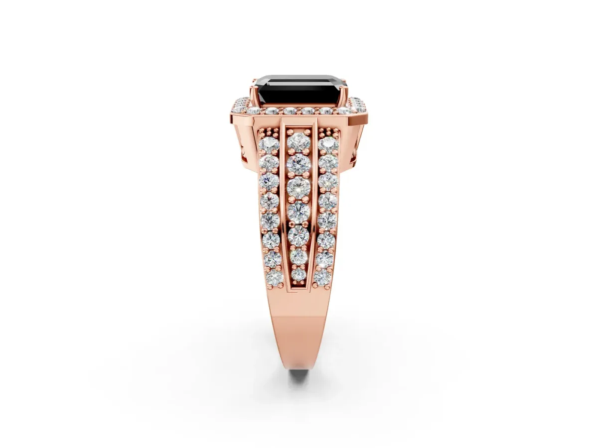 Fancy Black Emerald Cut Halo Diamond Ring with Round Split Shank and Prong Setting Rose gold