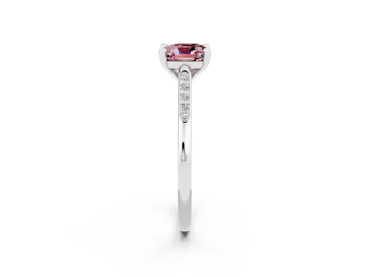 Cushion Cut Morganite Solitaire Ring with Channel Set Round Band and Prong Setting Silver
