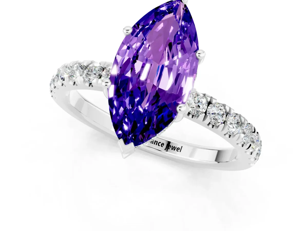 Marquise Cut Tanzanite Pave Band Solitaire Ring with Round and Prong Setting Platinum