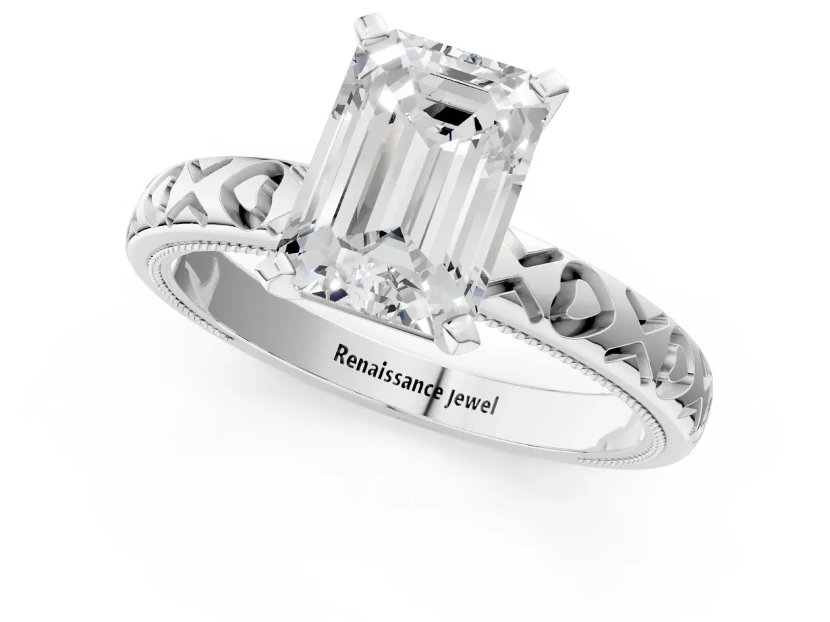 Emerald Cut Solitaire Diamond Engagement Ring with XO Engraved Band and Four-Prong Setting Platinum