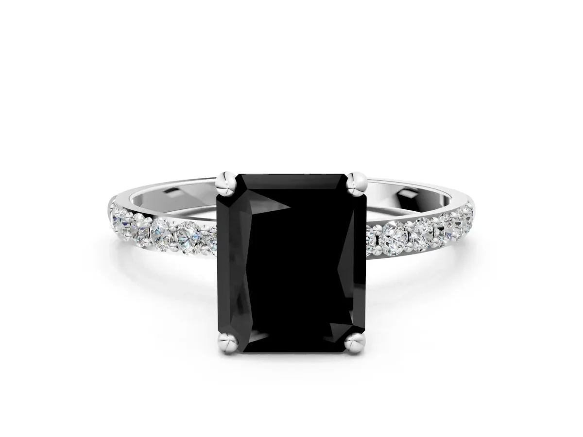 Fancy Black Radiant Cut Diamond Solitaire Ring with Round Pavé Band and Prong Setting Silver