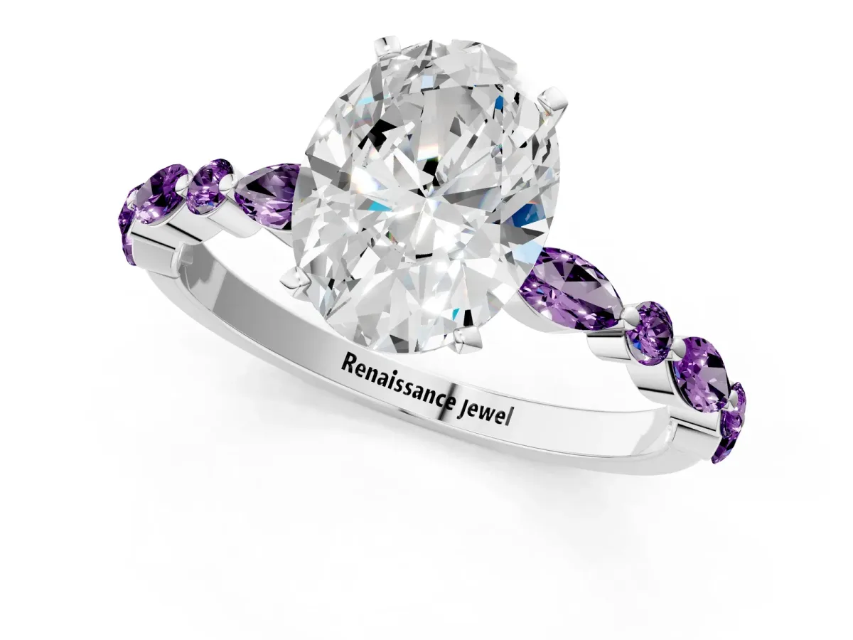 Oval Cut Diamond Ring with Marquise and Round Amethyst Side Stones and Four-Prong Setting Silver