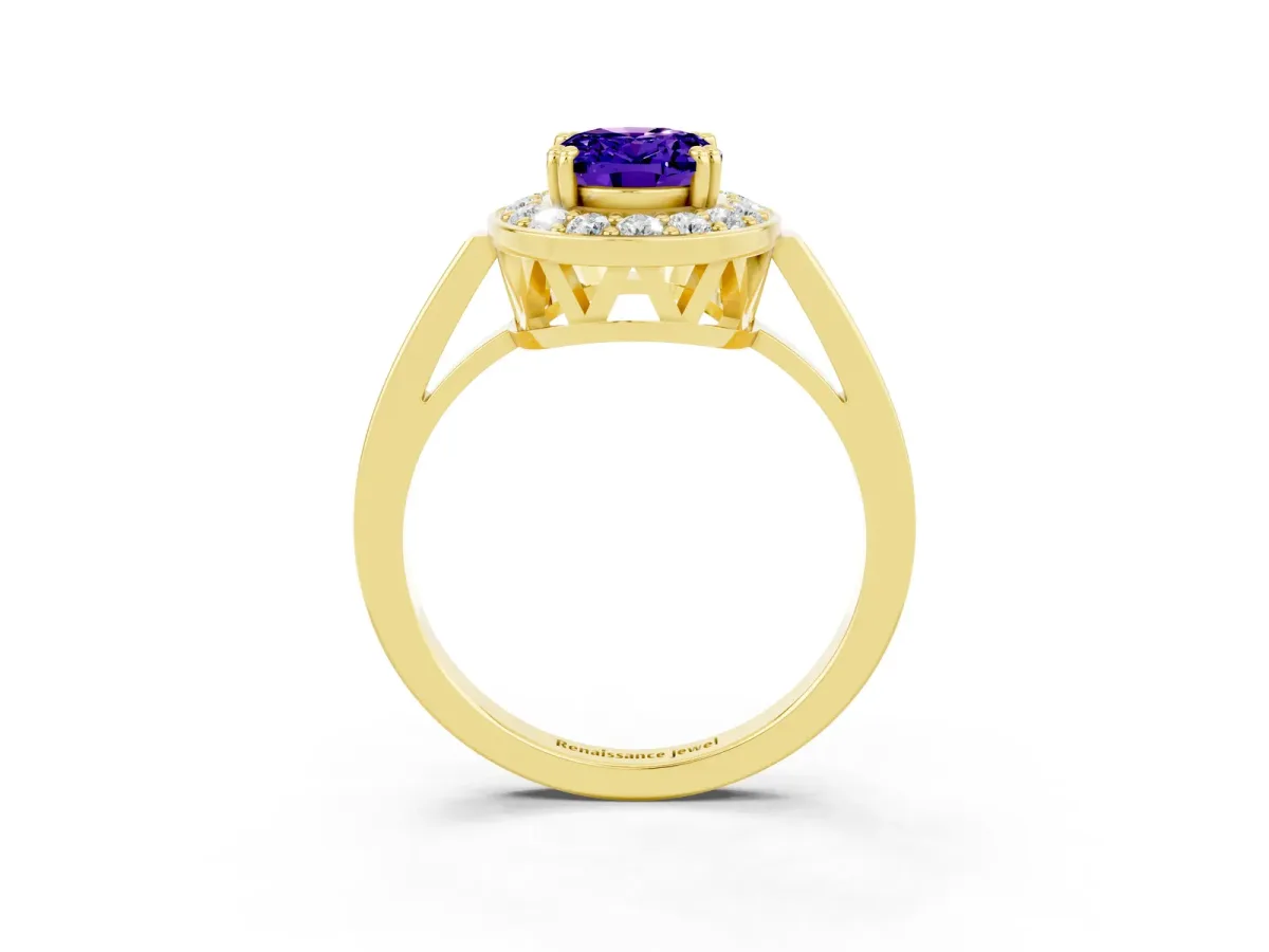 Oval Cut Tanzanite Halo Ring with Split Shank and Four-Prong Setting Yellow gold