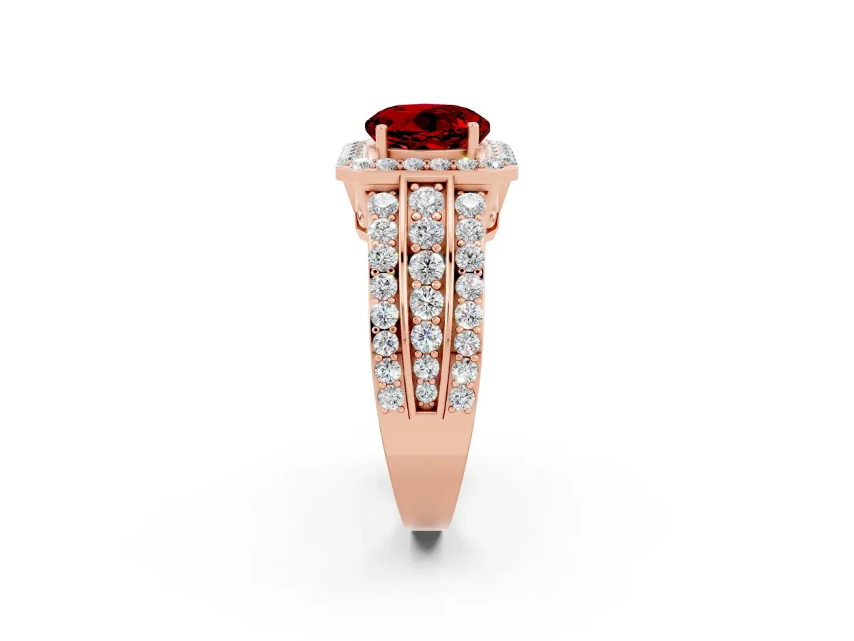 Round Cut Halo Ruby Ring with Round Split Shank and Prong Setting Rose gold