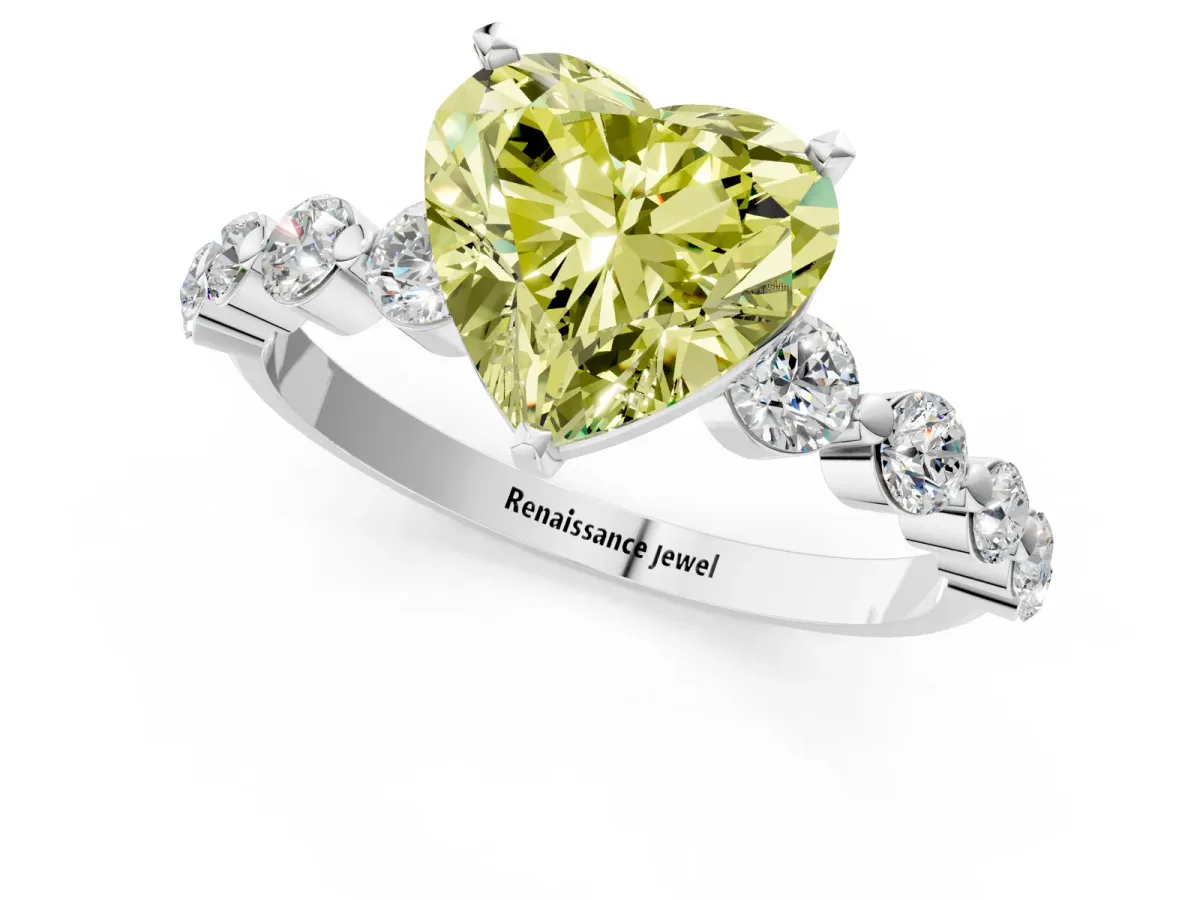 Fancy Yellow Heart Cut Solitaire Diamond Ring with Pave Band and Four-Prong Setting Silver