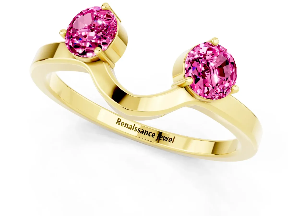 Dual Round Pink Sapphire Open Band Ring with Prong Setting Yellow gold