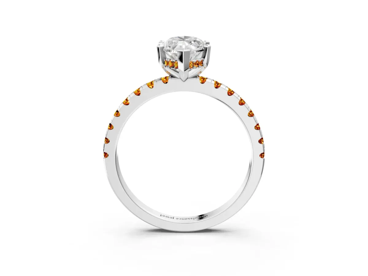 Marquise Cut Diamond Solitaire Ring with Round Citrine Pavé Band and Four-Prong Setting Silver