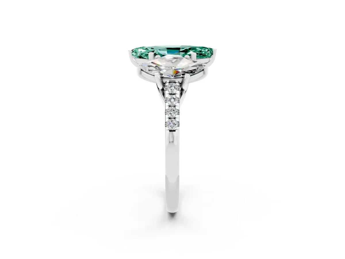 Three-Stone Marquise Cut Green Sapphire Ring with Round Pavé Band and Prong Setting Silver