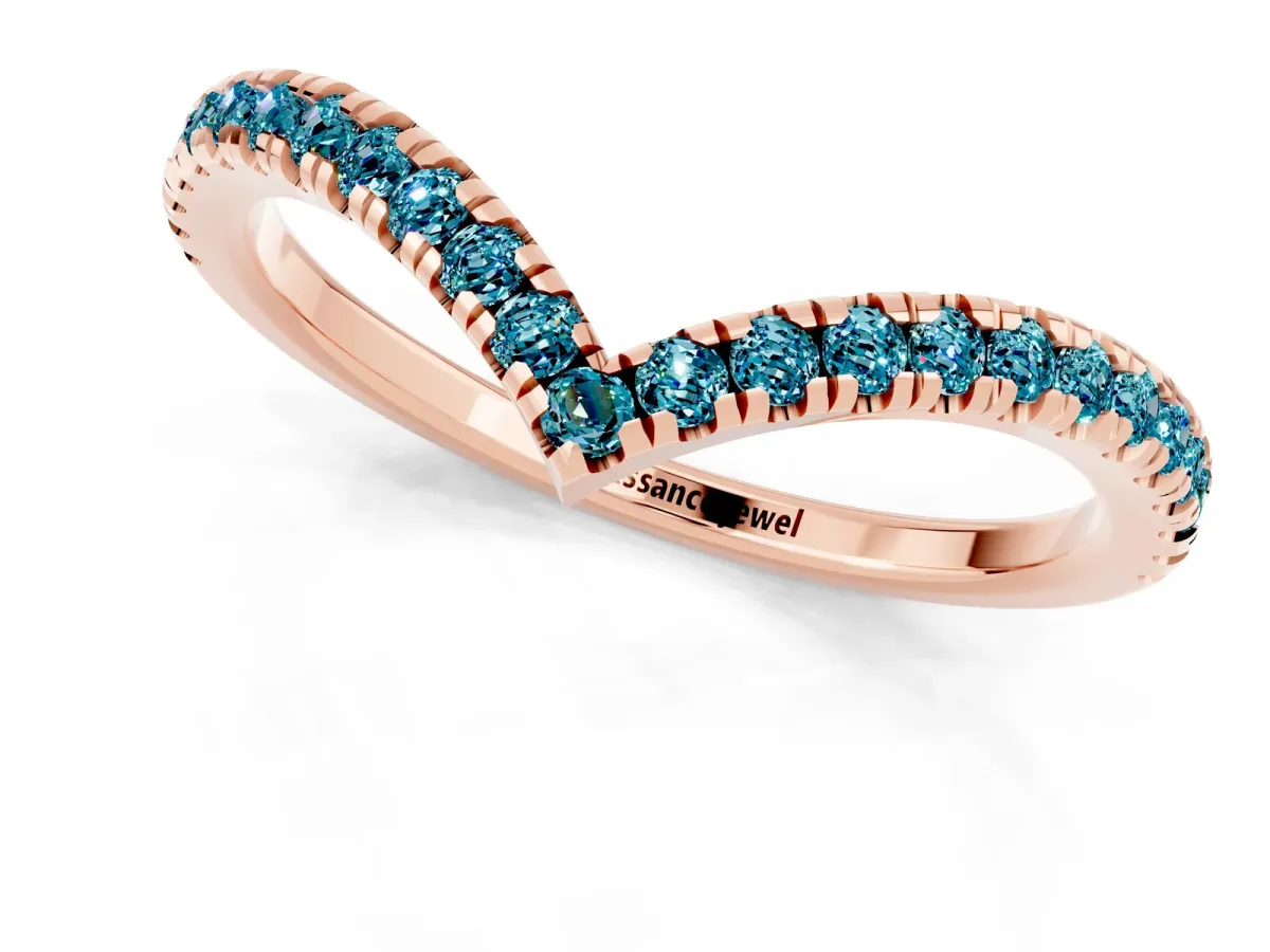 Pavé Round Blue Topaz V-Shaped Chevron Band with Shared Prong Setting Rose gold