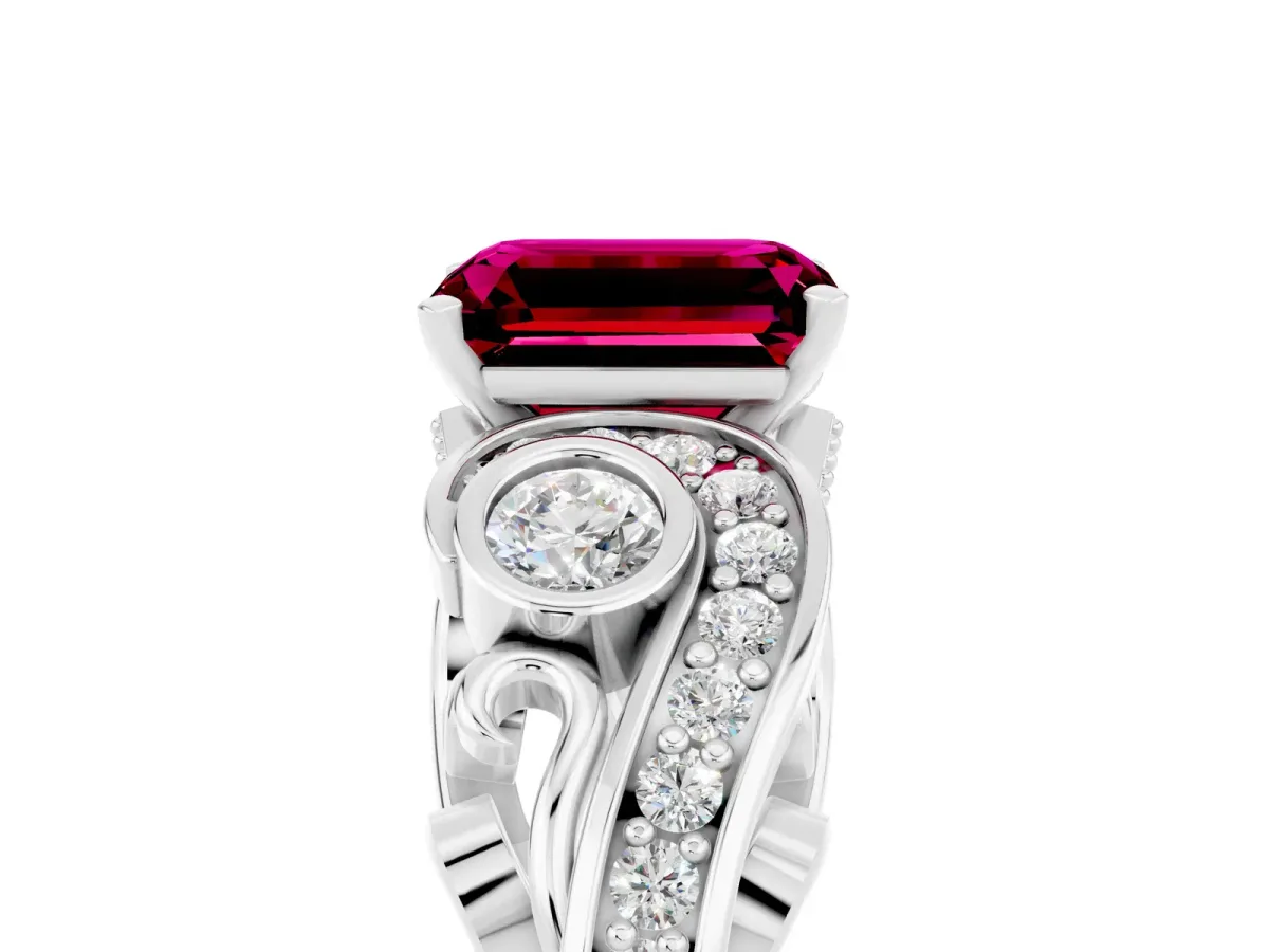 Emerald Cut Garnet Solitaire Ring with Milgrain Pavé Band and Four-Prong Setting Silver