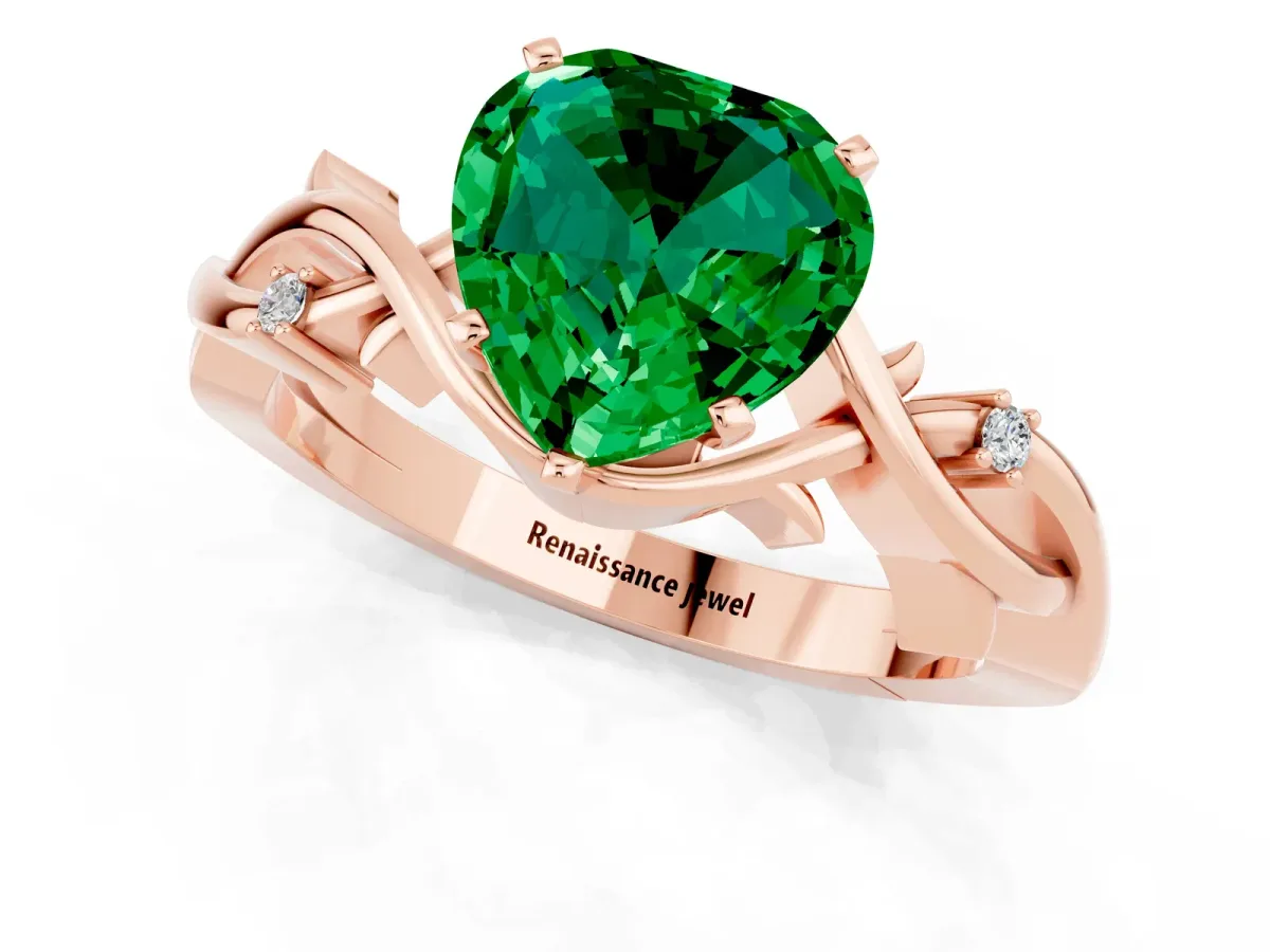 Heart Cut Emerald Solitaire Ring with Twisted Band and Prong Setting Rose gold