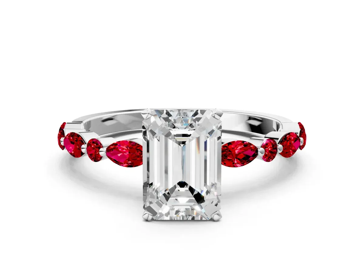 Emerald Cut Diamond Ring with Marquise and Round Ruby Side Stones and Four-Prong Setting White gold