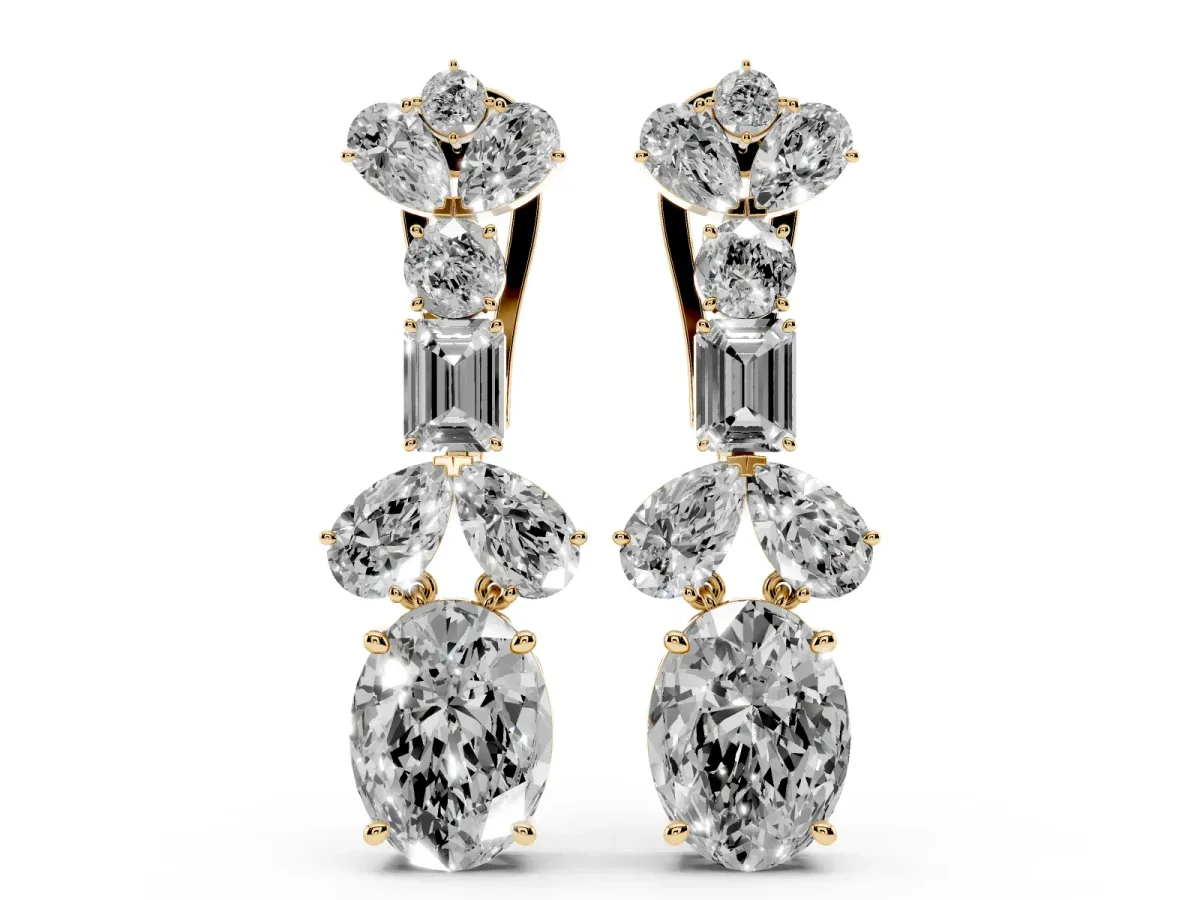 Pear, Baguette and Oval Diamond Monaco Drop Earrings Yellow gold