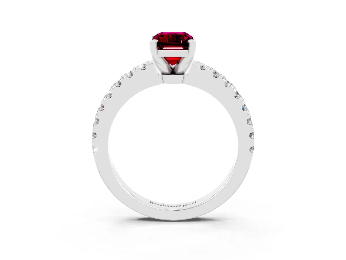 Emerald Cut Solitaire Garnet with Pavé Band and Four-Prong Setting White gold