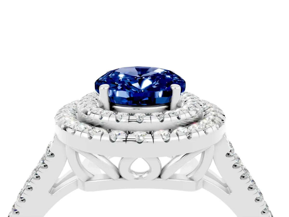 Oval Cut Blue Sapphire Double Halo Ring with Pavé Band and Prong Setting Silver