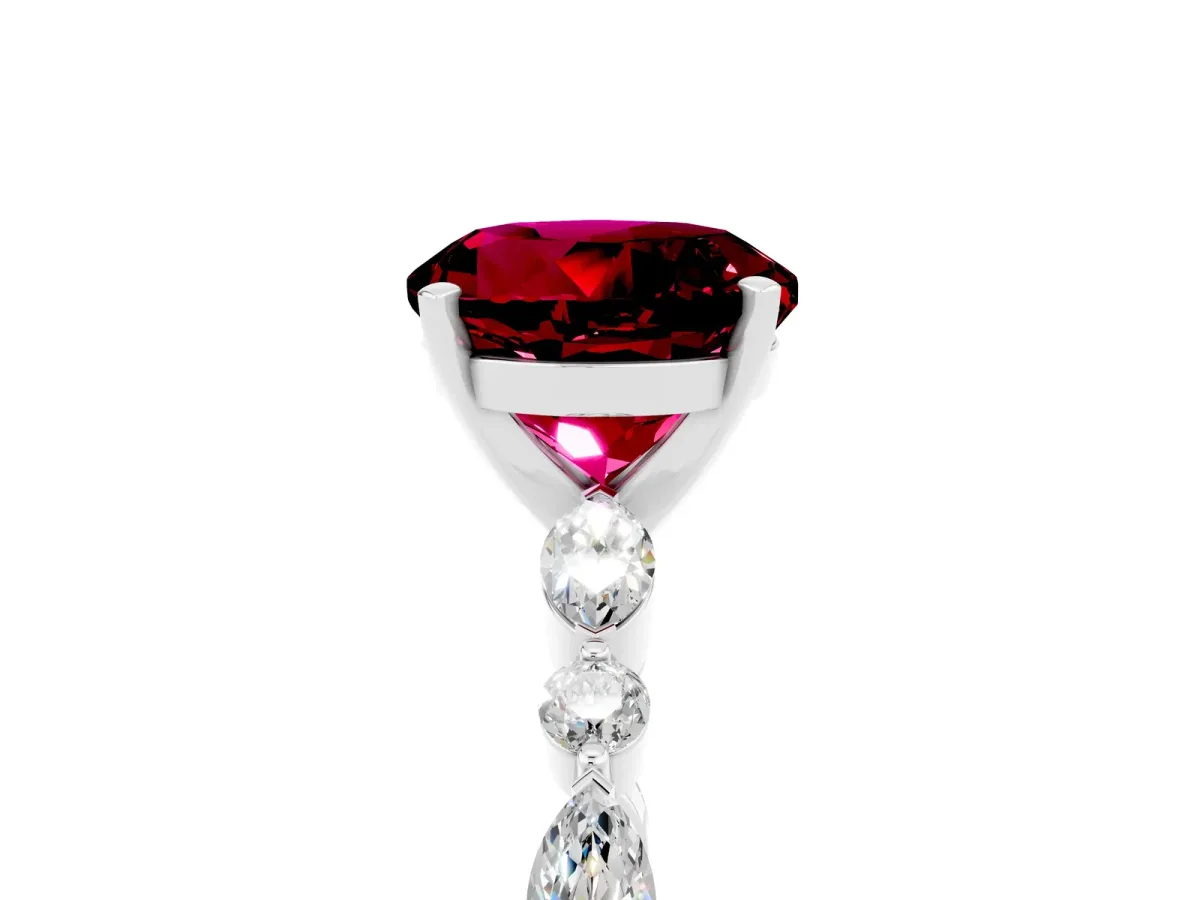 Round Cut Garnet Ring with Marquise and Round Side Stones and Four-Prong Setting Silver