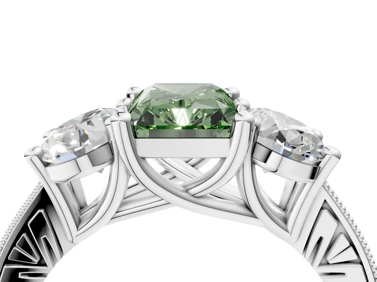 Fancy Green Three-Stone Radiant Cut Diamond Milgrain Pave Band with Prong Setting Platinum