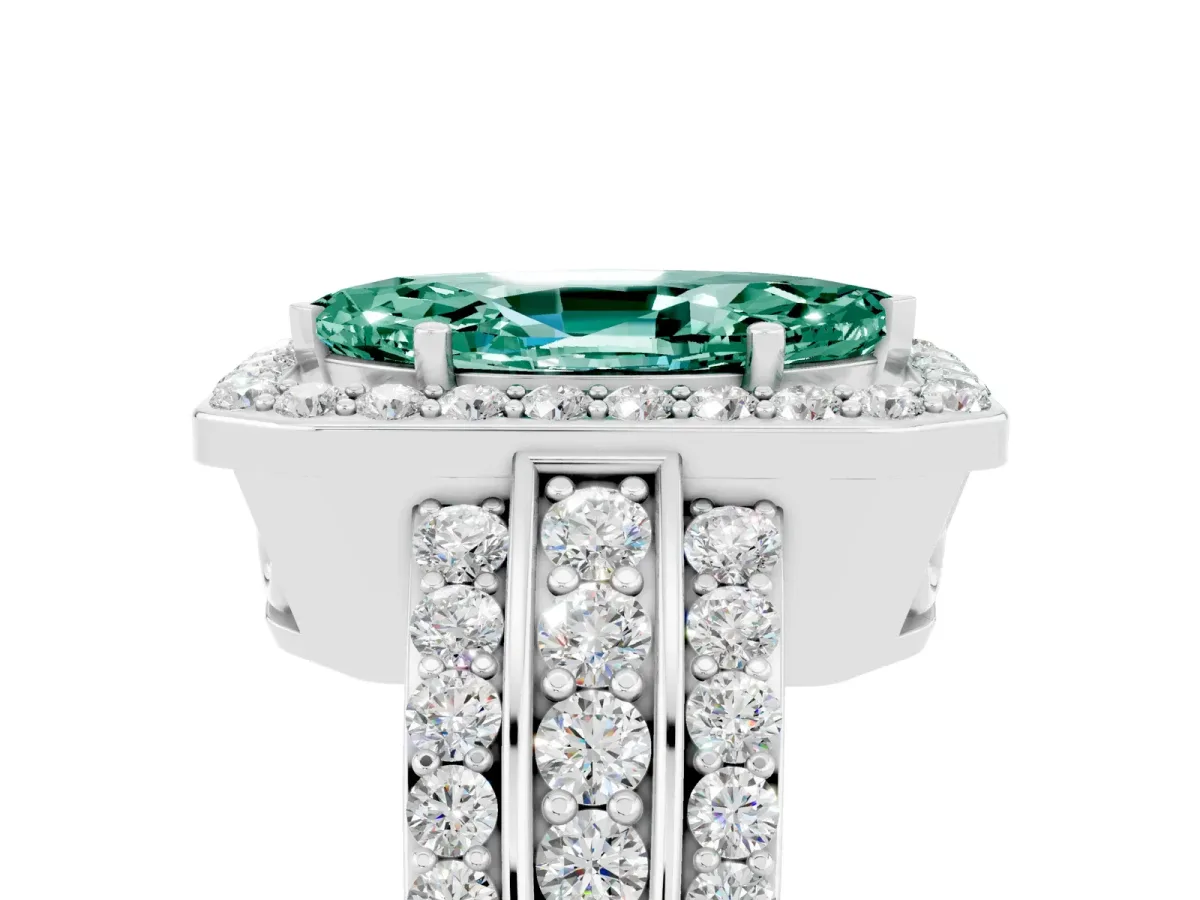Marquise Cut Halo Green Sapphire Ring with Round Split Shank and Prong Setting Silver