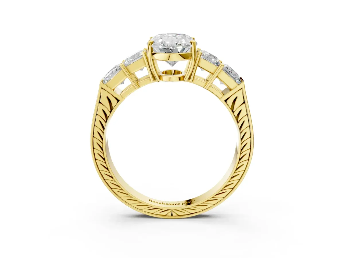 Oval Cut Solitaire Princess Side Stone Engraved Band Prong Setting Ring Yellow gold