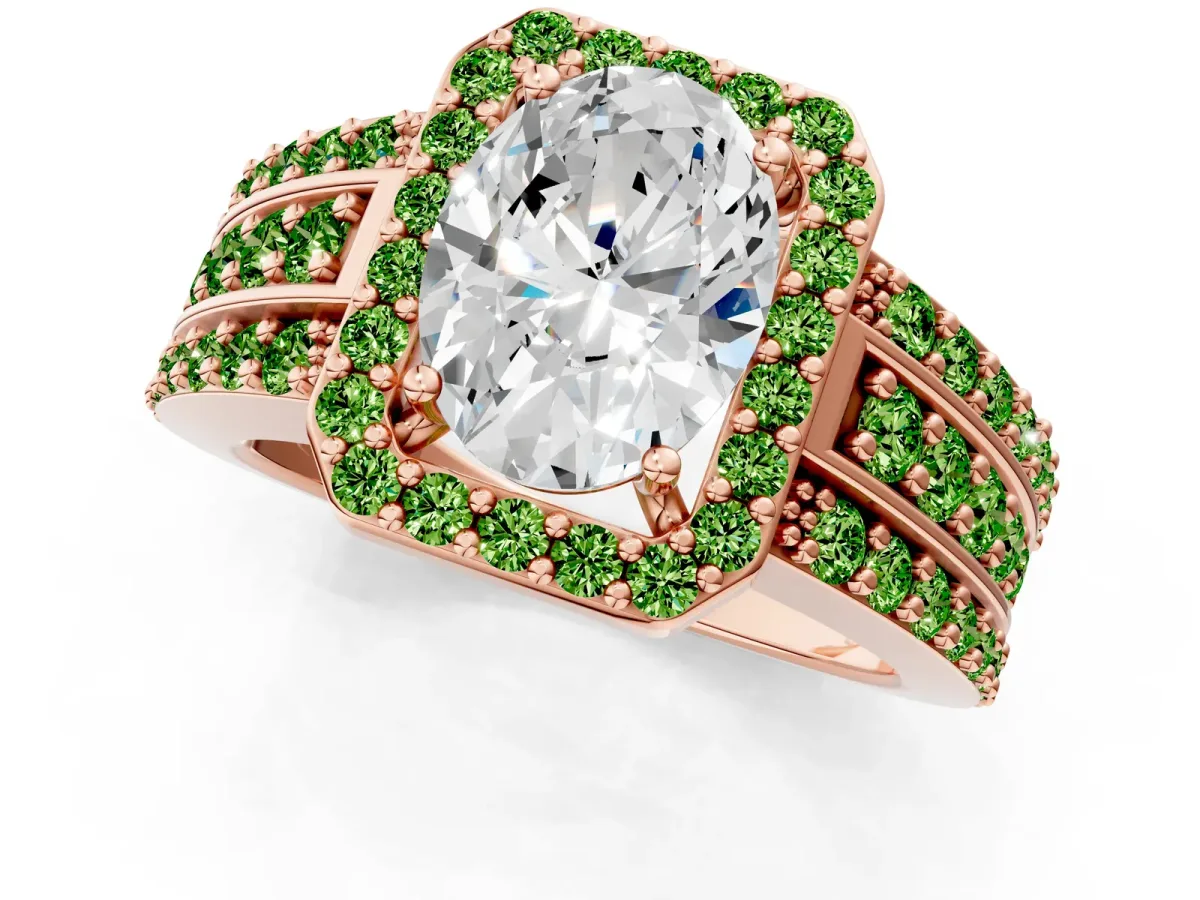 Oval Cut Halo Diamond Ring with Round Peridot Split Shank and Prong Setting Rose gold