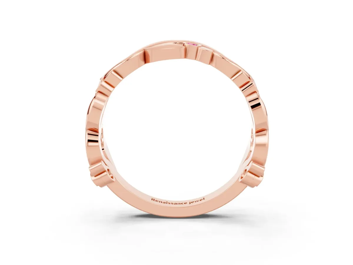 Round Pink Sapphire Leaf Eternity Band with Bezel Setting Rose gold