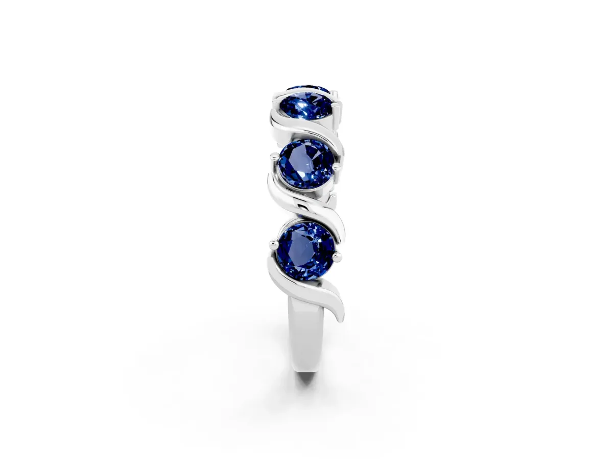 Six-Stone Round Blue Sapphire Wave Band with Shared Prong Setting White gold