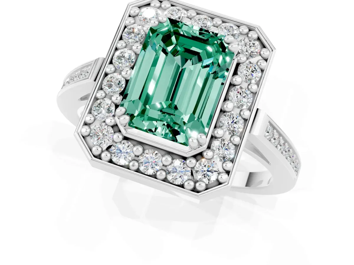 Emerald Cut Green Sapphire Halo Ring with Split Shank and Four-Prong Setting White gold