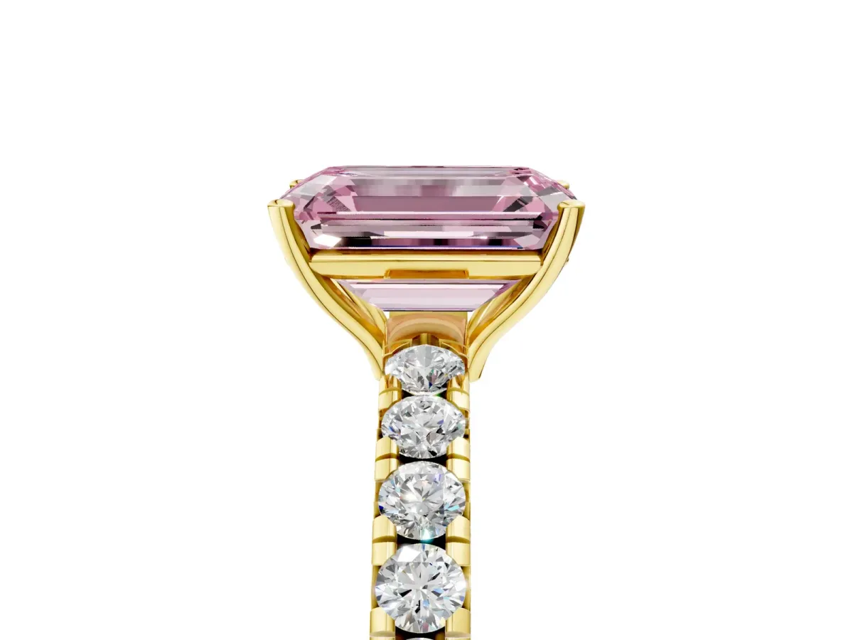 Fancy Pink Emerald Cut Diamond Pavé Solitaire Engagement Ring with Four-Prong Setting Yellow gold