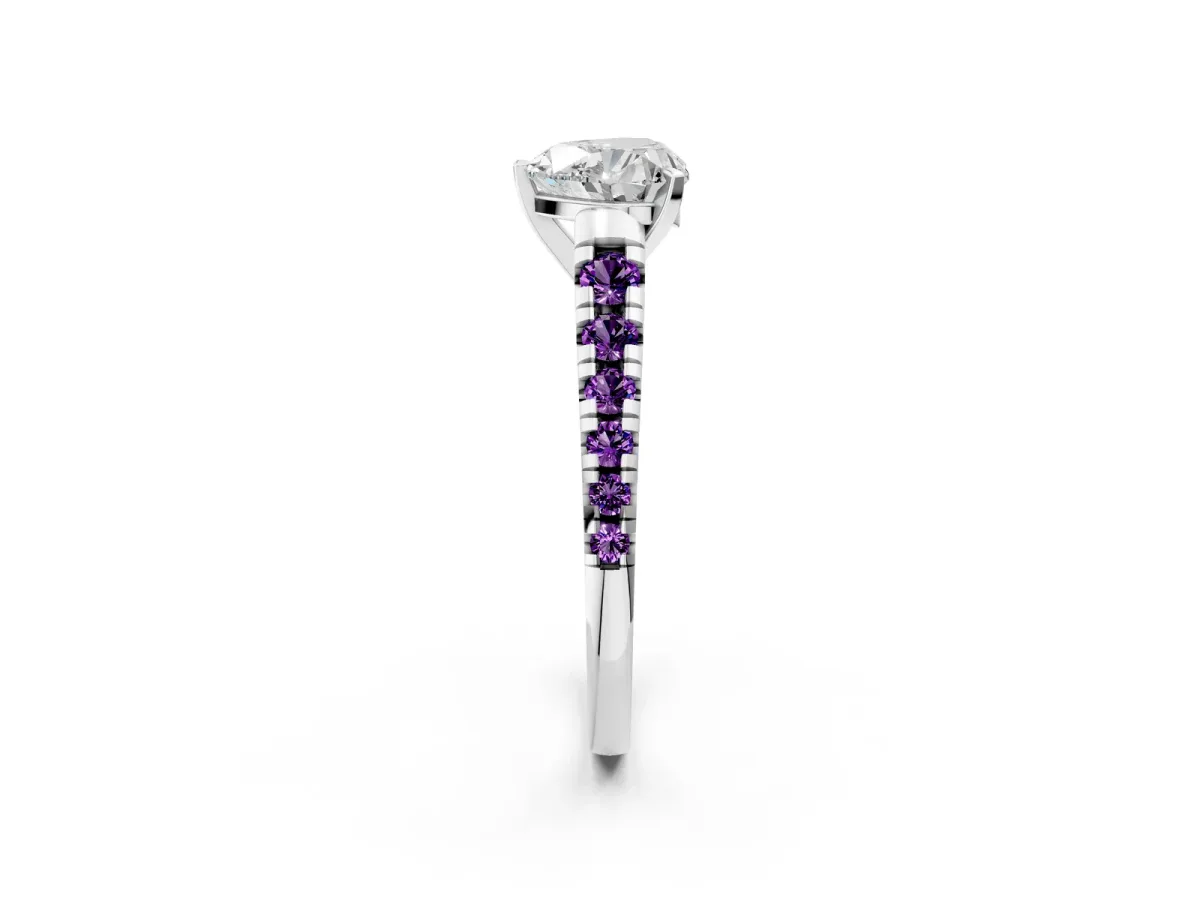 Heart Cut Diamond Cathedral Solitaire Ring with Round Amethyst Pavé Band Silver