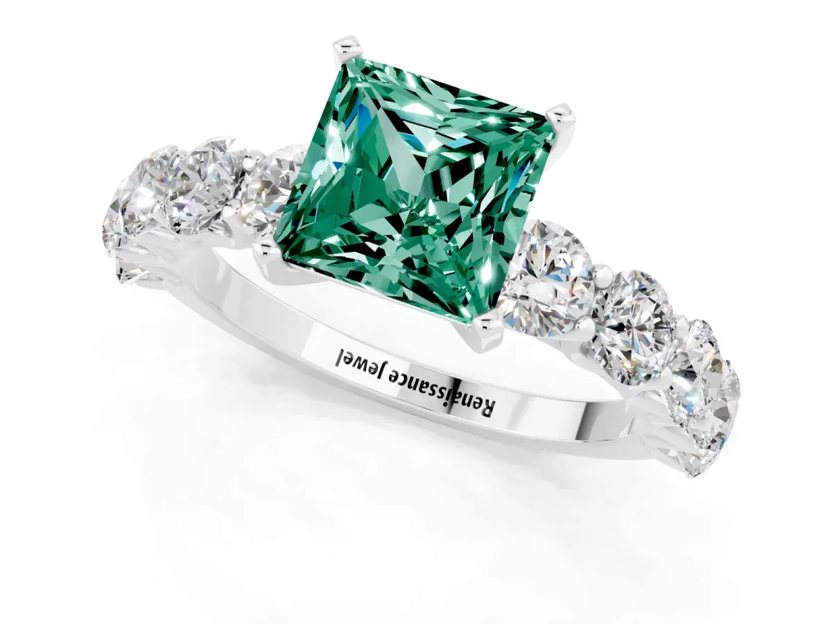 Princess Cut Green Sapphire Prong Setting with Side Stones on a Pave Band Silver