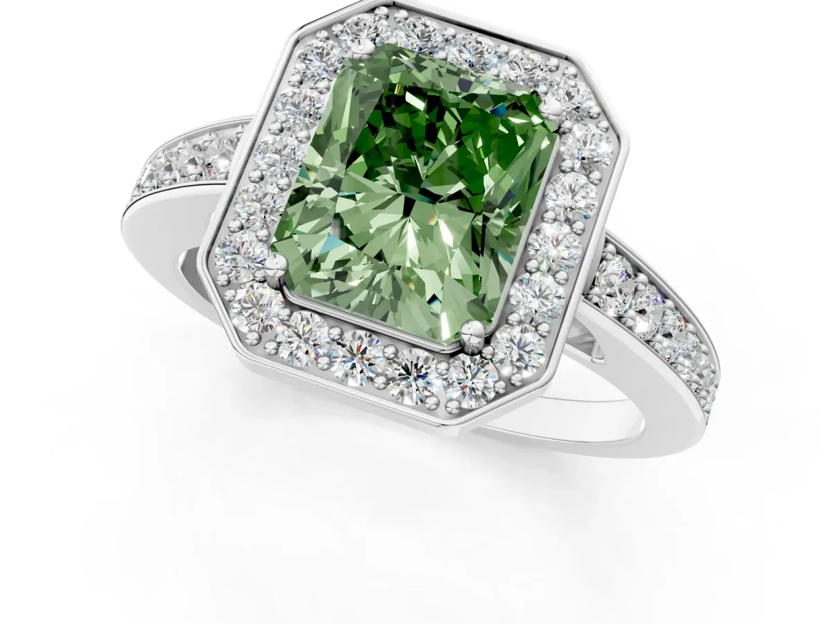 Fancy Green Radiant Cut Halo Pavé Diamond Engagement Ring with Bezel Setting Silver