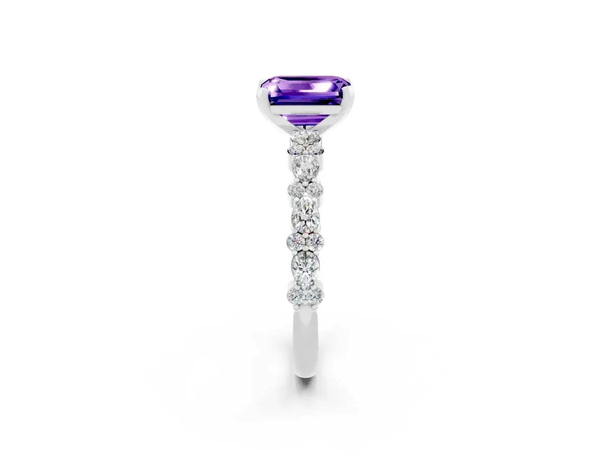 Emerald Cut Tanzanite Side Stone Solitaire Ring with Round and Four-Prong Setting White gold