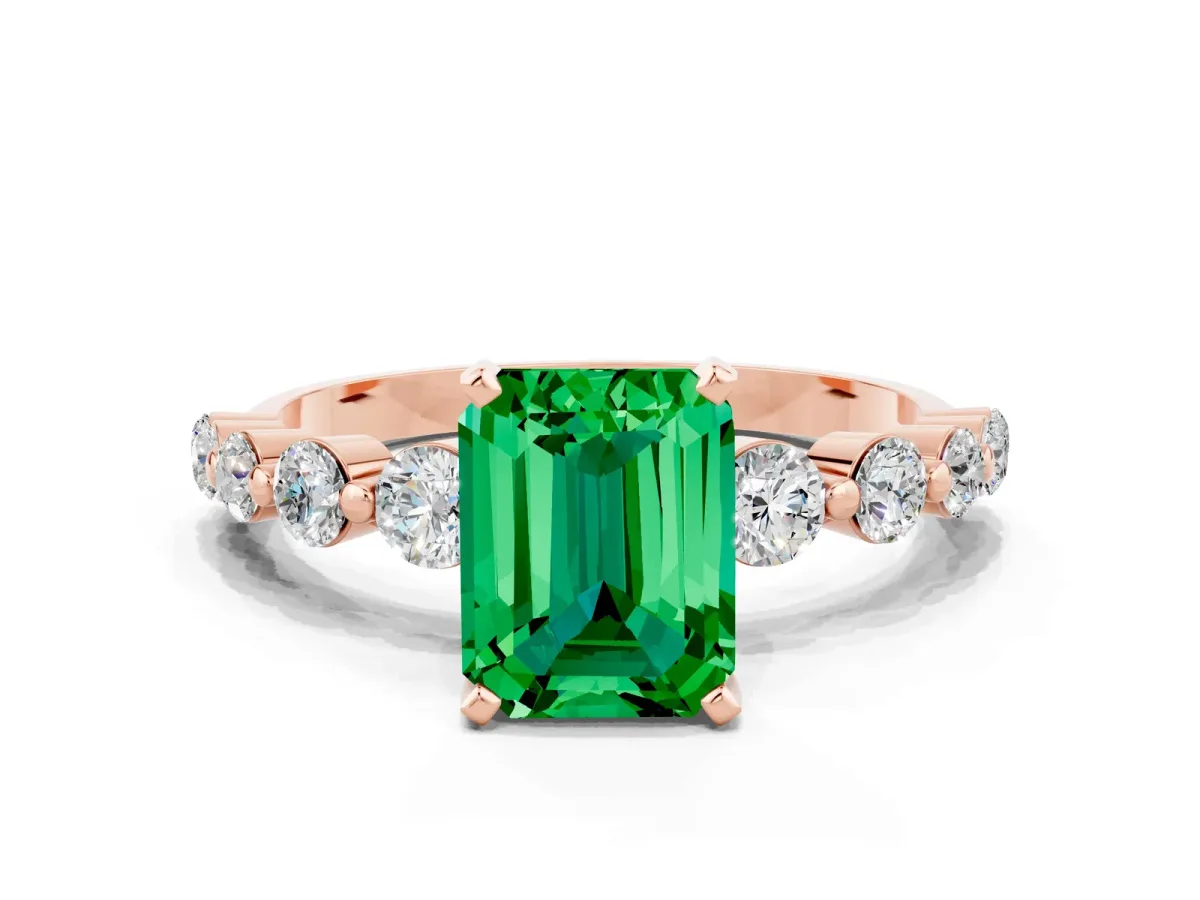 Emerald Cut Solitaire Emerald Ring with Pave Band and Four-Prong Setting Rose gold