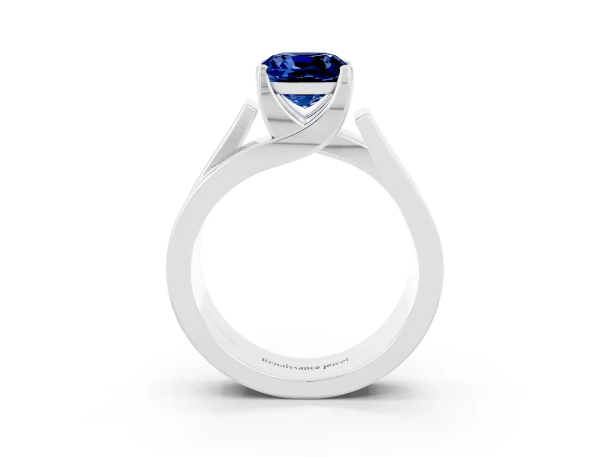 Modern Tension Set Cushion Cut Blue Sapphire Solitaire Wide Band Ring Silver