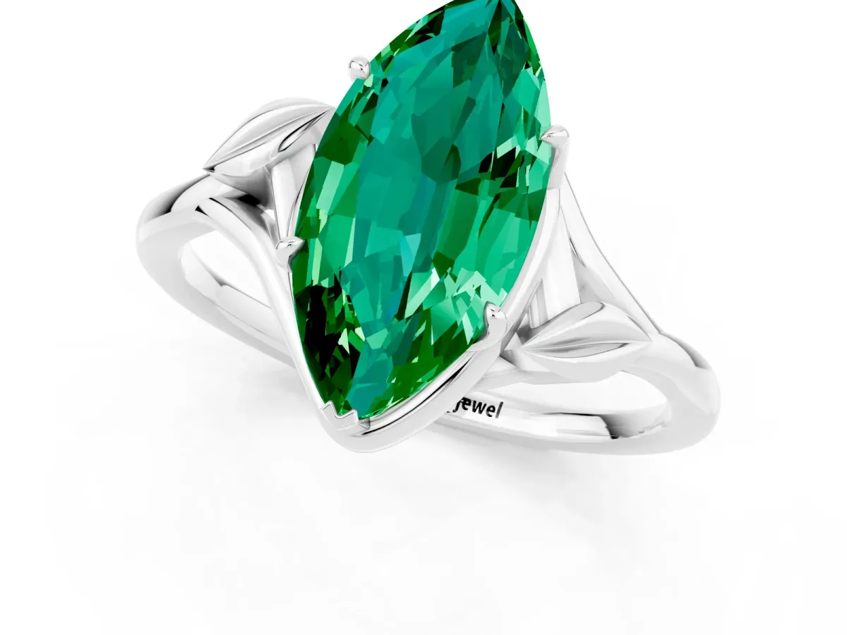 Marquise Cut Emerald Solitaire Ring with Twist Band and Four-Prong Setting Platinum