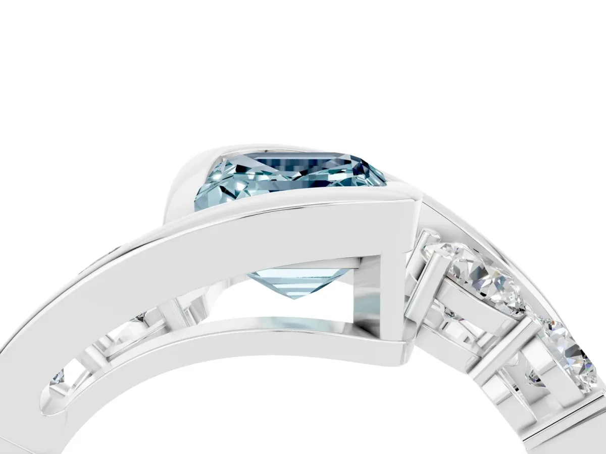 Bezel Set Emerald Cut Aquamarine Bypass Ring with Round Accents Platinum