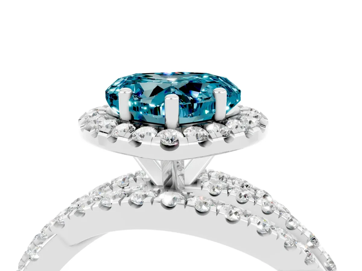 Heart Cut Blue Topaz Halo Ring with Round Split Shank and Prong Setting Platinum