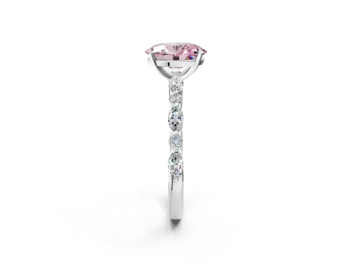 Fancy Pink Oval Cut Diamond Ring with Marquise and Round Side Stones and Four-Prong Setting Silver