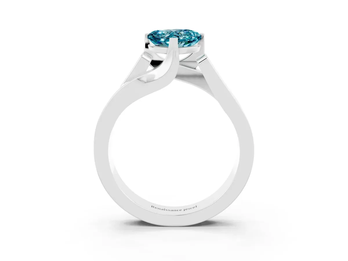Modern Tension Set Heart Cut Blue Topaz Solitaire Wide Band Ring Silver