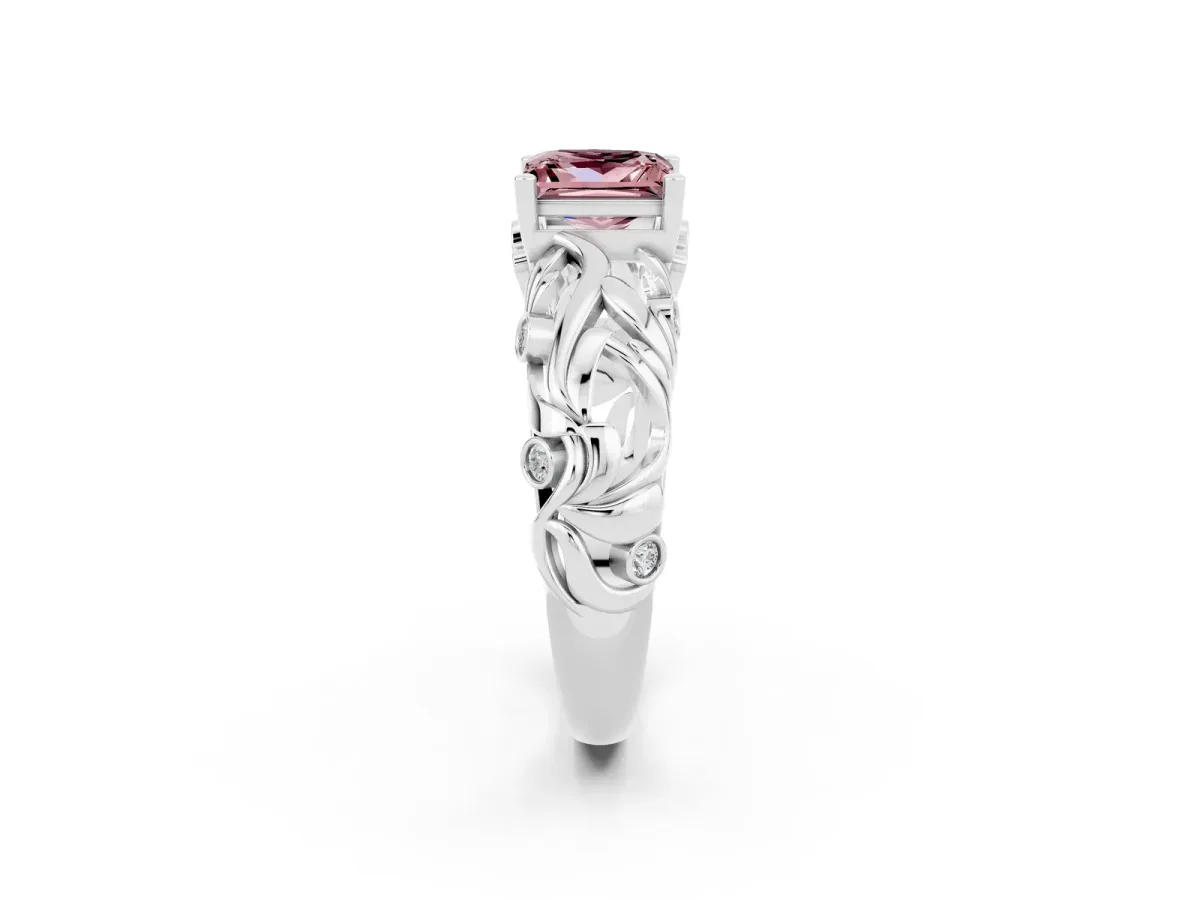 Princess Cut Solitaire Morganite Leaf-Inspired Vine Band Ring with Prong Setting White gold