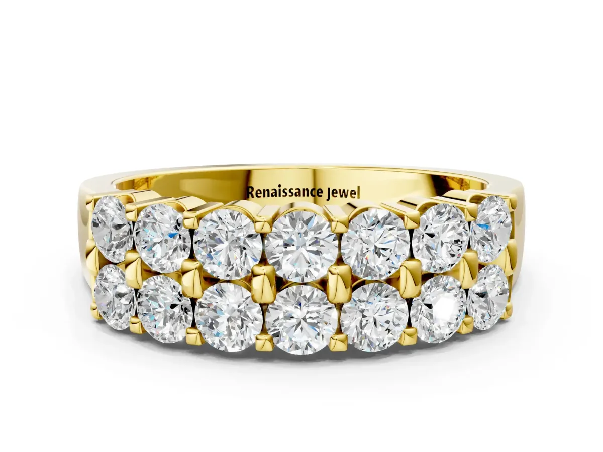 Three-Row Round Diamond Channel Band with Shared Prong Setting Yellow gold