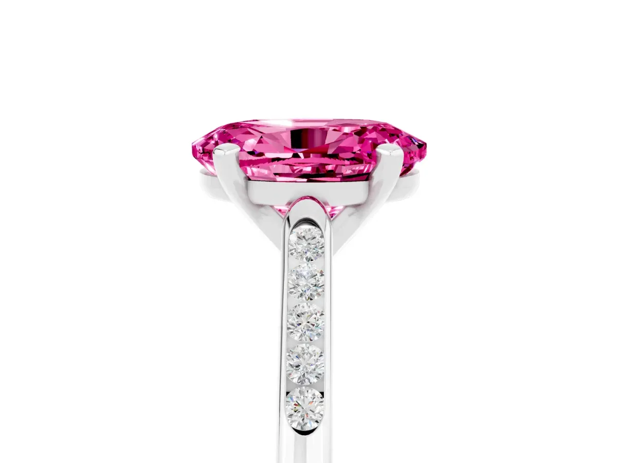 Oval Cut Pink Sapphire Solitaire Ring with Channel Set Round Band and Prong Setting Silver