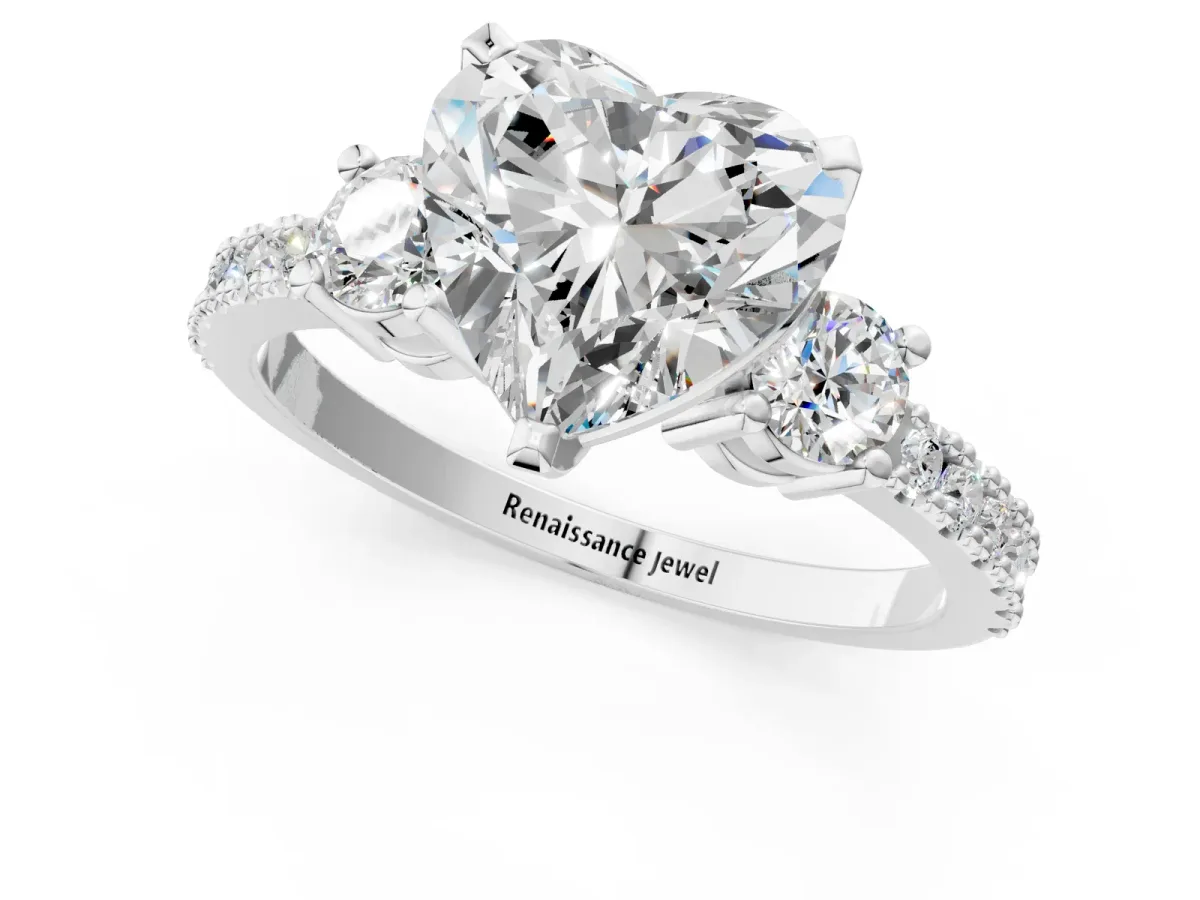 Heart Cut Cut Three-Stone Diamond Pavé Band with Prong Setting Platinum