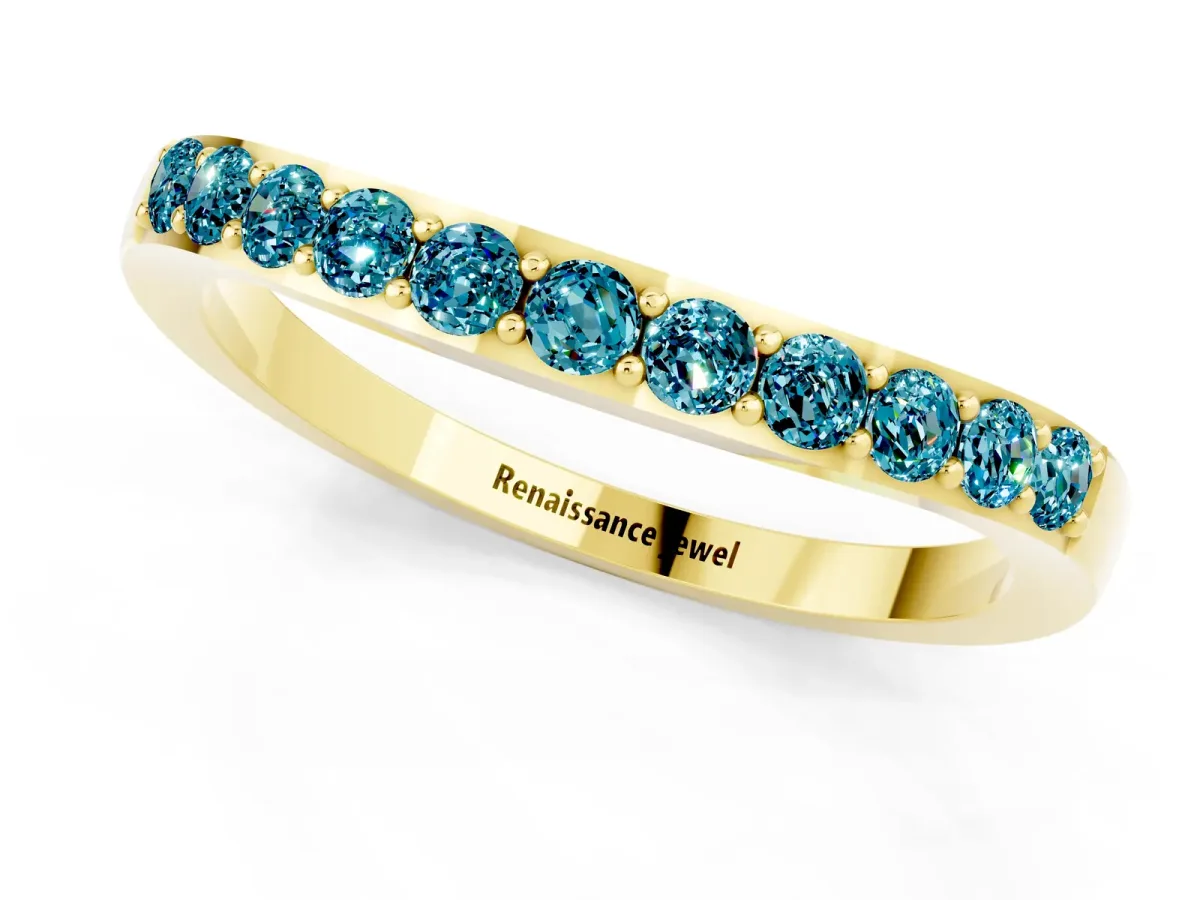 Round Blue Topaz Curved Wedding Band with Channel Setting Yellow gold