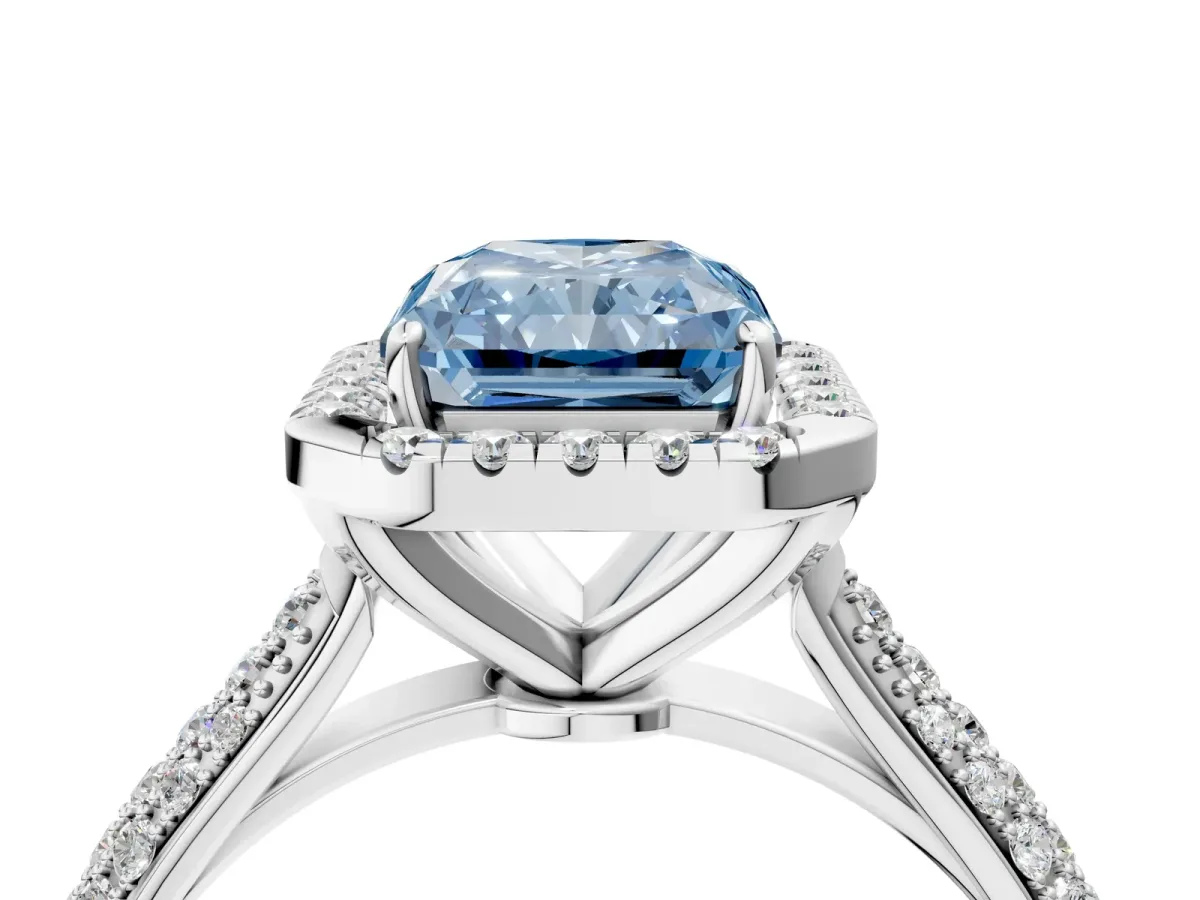 Fancy Blue Radiant Cut Halo Diamond Ring with Pavé Band Platinum