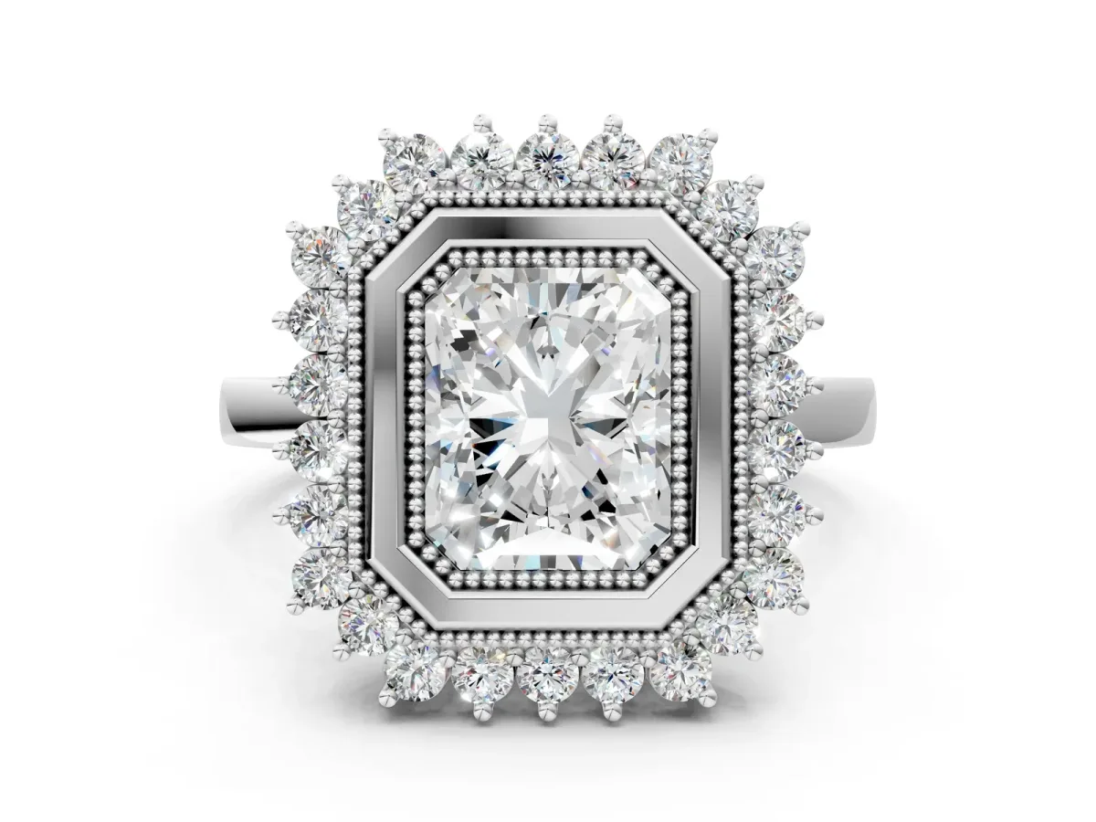 Radiant Cut Halo Diamond Ring with Milgrain Edge and Round Prong Setting Platinum